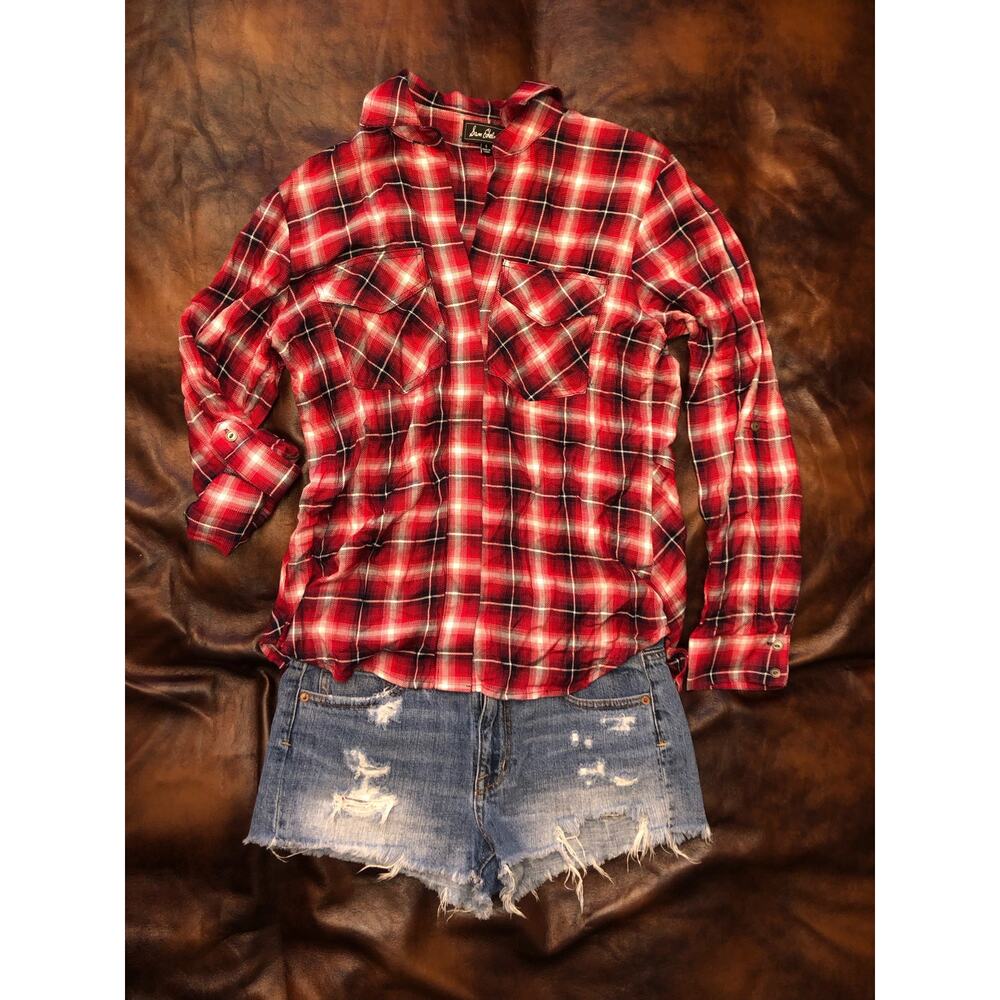 Sam Edelman Riley Shirt Cold Shoulder Split Back Hem Small Plaid Boyfriend Zip